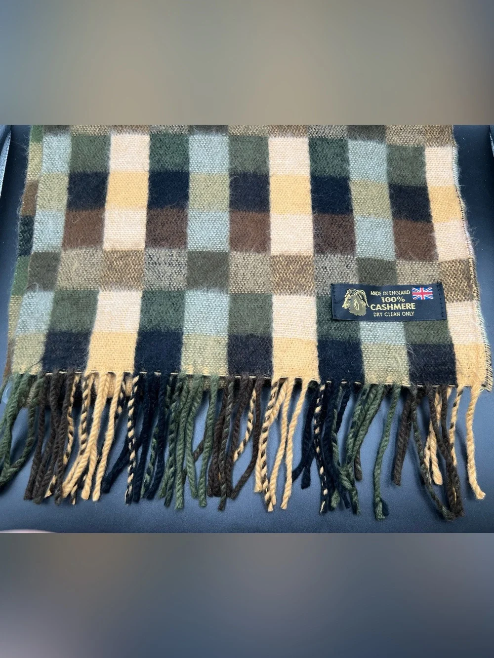 Men 100% CASHMERE SCARF Made in England Soft Wrap Plaid Black / Green/Brown